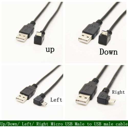 Up Down Left Right Angled 90 Degree USB Micro USB Male to USB male Data Charge connector 0.25m 0.5m 1.0m cable for Tablet 5ft