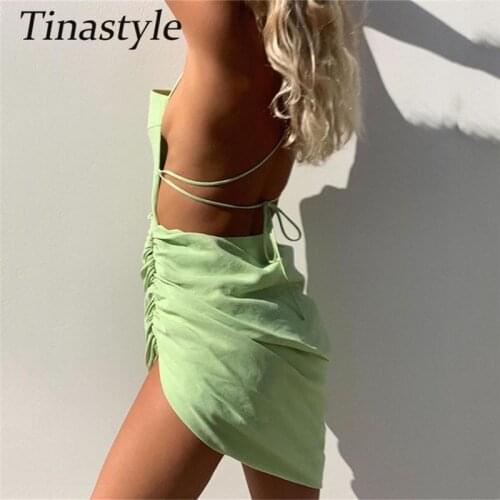 Green Ruched Backless Sexy Dress Women Spaghetti Strap Bandage Bodycon Beach Dress Streetwear Casual Y2K Party Dress Vestidos