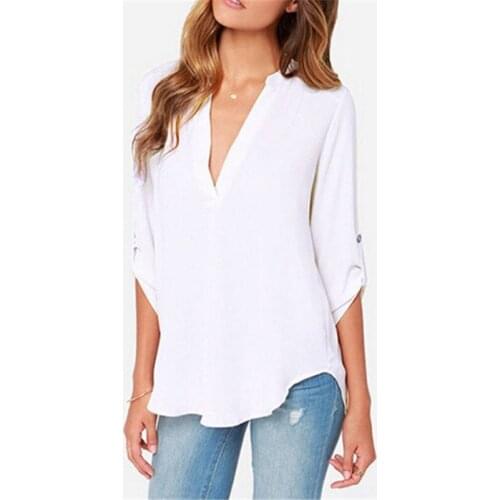 S-5XL Blusas Femininas Women V Neck Solid Chiffon Shirts White,Black,Blue,Gray Blouse sexy lady Long Sleeve Casual Blouse Tops