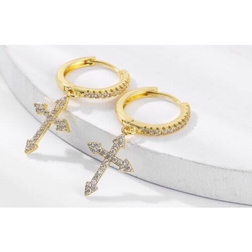 New Fashion Cubic Zircon Cross Dangle Gold Hoop Earrings Geometric Personality Unusual Earrings For Women Wedding Party Jewelry