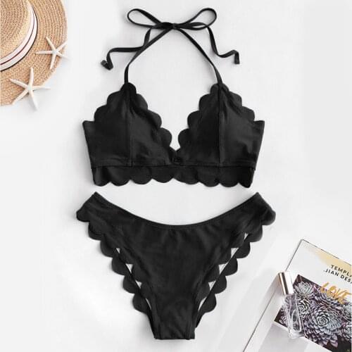 New 2021 Scalloped Mid Waist Bikini Female Swimsuit Women Swimwear Two-pieces Bikini set Halter Bathers Bathing Suit Swim wear