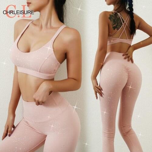 CHRLEISURE Fashion Fitness Set Women High Waist Sequin Shiny Running Gym Set Tracksuit Woman Elastic Sexy Backless Sports Sets