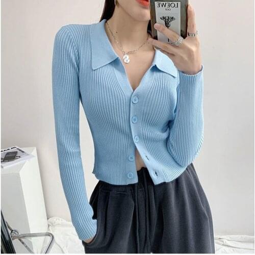 Womens Knitted Cardigan Turn-down Collar V Neck Long Sleeves Slim Short Sweater Wholesale 2021 Autumn New Fashion Lady Clothing