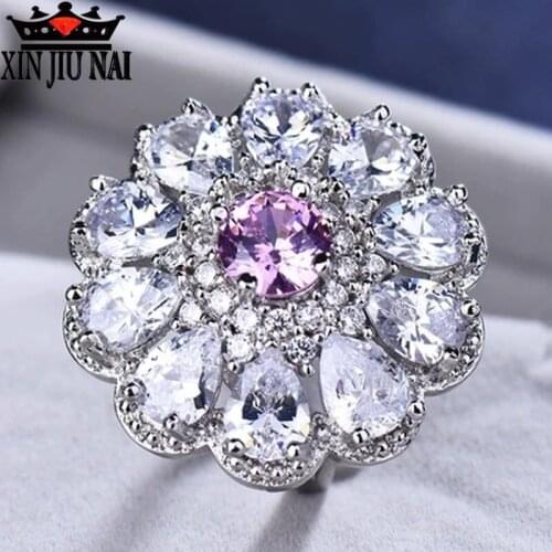 Powder core white core luxury and elegant zircon ring romantic engagement ring Love Blossom jewelry fashion gift ladies jewelry