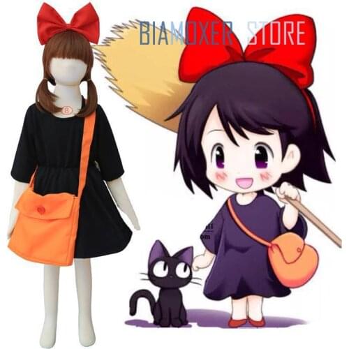 Biamoxer Girl Kikis Delivery Service Kiki Cosplay Dress Party Cos Costume Full Set Black Dress+Headwear+Bag