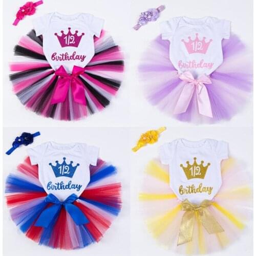 0-18M Toddler Girls Short Sleeves Bodysuit Birthday Party Lace Euffle Skirt One Letters Tulle Princess Cute Set