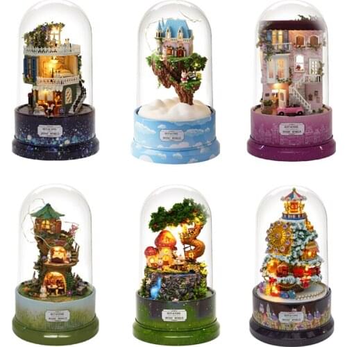 DIY Dollhouse Rotate Music Box 3D Cute Room DIY Dollhouse With Furnitures Transparent Cover Wooden Mini House Toys Christmas Gif