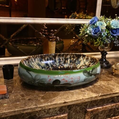 Chinese Glazed Lotus Oval Europe Style Handmade Countertop Ceramic wash basin Bathroom Basin Bathroom Sink jingdezhen