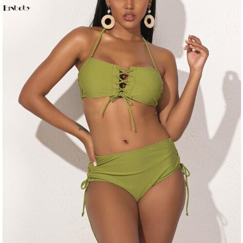 High Waist Bikinis Set 2 Pieces Swimsuit Sexy Bandage Bathing Suits For Womens Summer Solid Color Beach Swim Bikinis S-XL