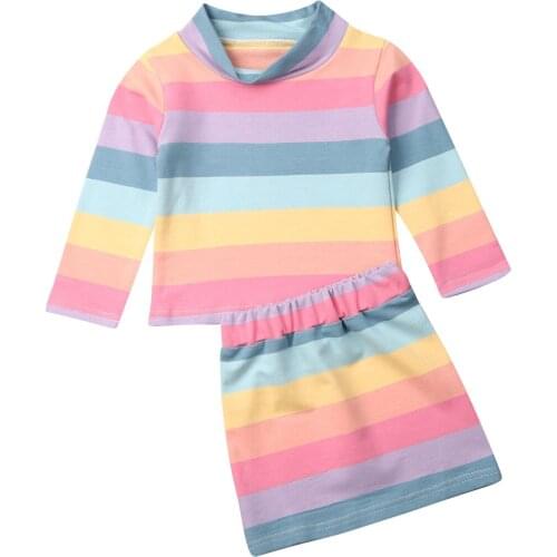 1-6T Fashion Toddler Kid Girl Clothes Set Baby Girl Autumn Long Sleeve Rainbow Striped Tops+ Slim Mini Skirt Outfits Clothes