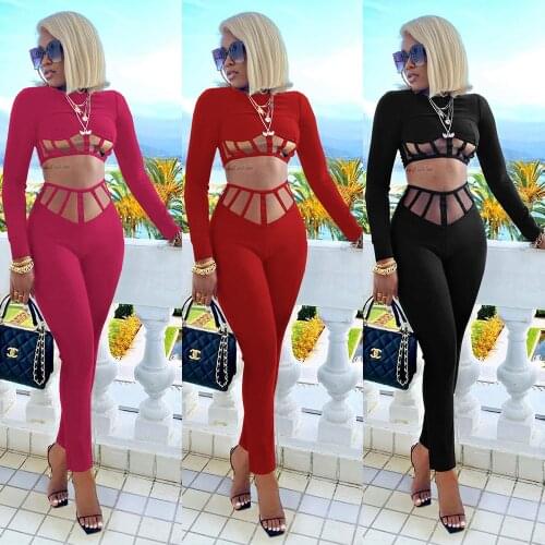 Echoine Women Activewear Set Hole Crop Top & Leggings Pants Set Sporty Tracksuit Fitness Two Piece Set Night Club Party Outfits