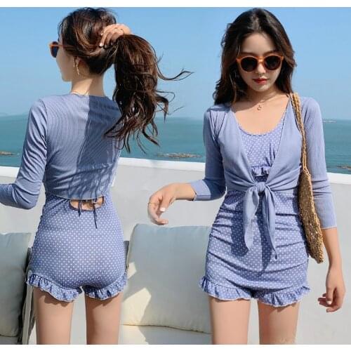 Swimsuit Female One-piece Boxer Conservative Thin Cover Belly Long-sleeved Korean Ins Sexy Fairy Fan Swimsuit Plus Size Swimwear