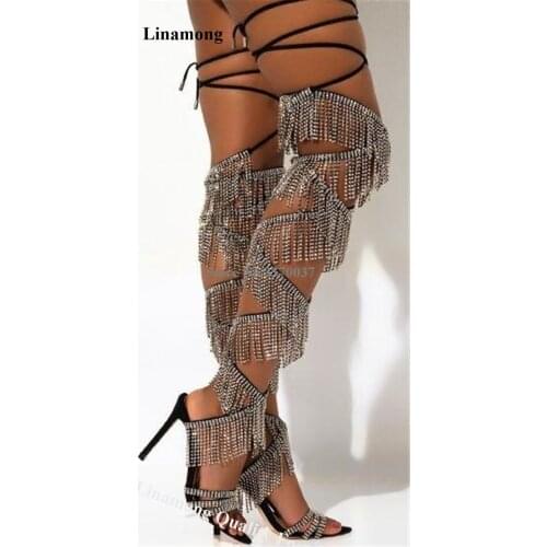 Linamong Bling Bling Rhinestone Tassels Stiletto Heel Over Knee Gladaitor Sandals Thin Straps Crystal Fringes Sandal Boots