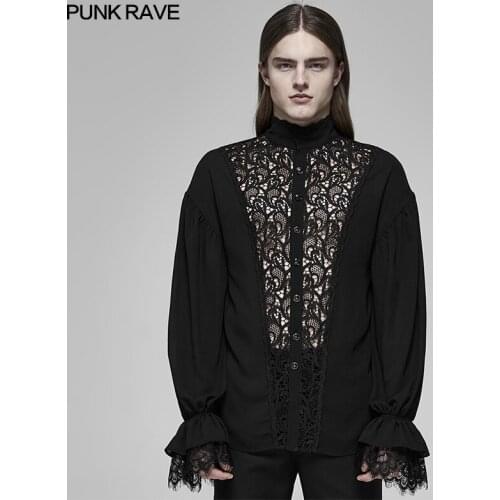 PUNK RAVE Mens Rococo See-through Flower Pattern Long Sleeve Shirt Gothic Lace Flare Cuff Stage Performance Party Thin Blouse