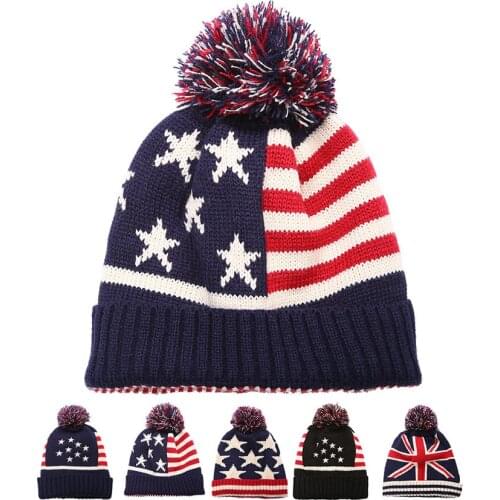 Men Winter Pom Poms ball Knitted Cap For Women Unisex Casual British and American national flag hats Skullies Beanie hat Gorros