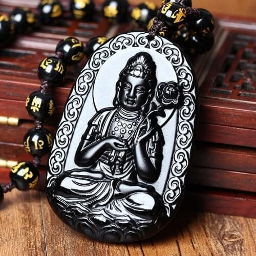 Natural Black Obsidian Beads Necklace Hand-Carved Buddha Jade Pendant Fashion Charm Jewelry Amulet for Man Women Lucky Gifts