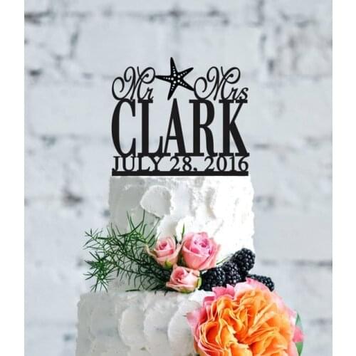 Destination Last Name with Starfish Wedding Cake Toppers with Date, Custom Beach Wedding Cake Topper, Mr and Mrs Wedding Cake To
