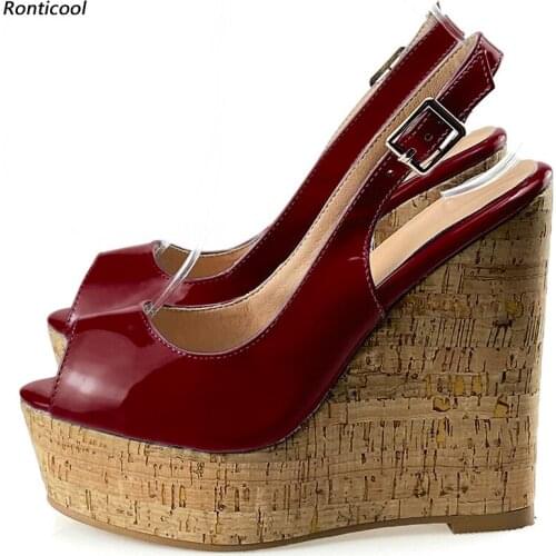 Ronticool New Fashion Women Summer Sandals Buckle Strap Wedges Heel Peep Toe Burgundy Pink Fuchsia Party Shoes US Plus Size 5-20