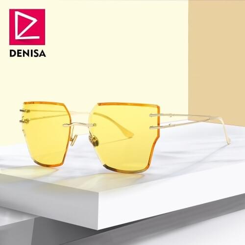 DENISA Rimless Yellow Glasses Shades Brand Designer UV400 Driving Eyewear Men Trend Ladies Outdoor Personality Sunglasses G23049