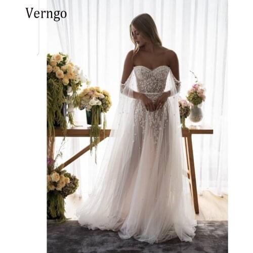 Verngo Modern Lace Applique Pearls Wedding Dress With Long Cape Sleeves Sweetheart Tulle Sweep Train Bridal Gowns Vestidos
