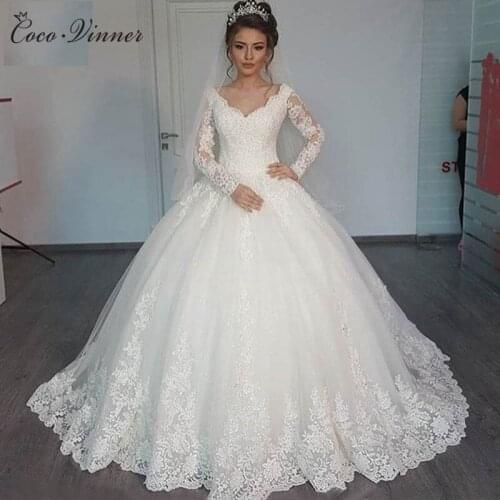 Custom Made Wedding Dresses Puffy Ball Gown Lace Beaded Applique White Long Sleeve Arabic Wedding Dress Robe De Mariage W0013