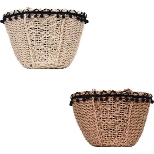 Women Woven Straw Shoulder Bag Basket with Pom Pom Tassel Lace Trim Drawstring Closure Long Strap Vintage Beach Travel Handbag
