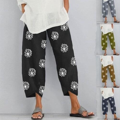 Ladies Solid Color Dandelion Print Casual Loose Cropped Trousers High Waist Elastic Waist Fashion Hot Sale Trousers For Women