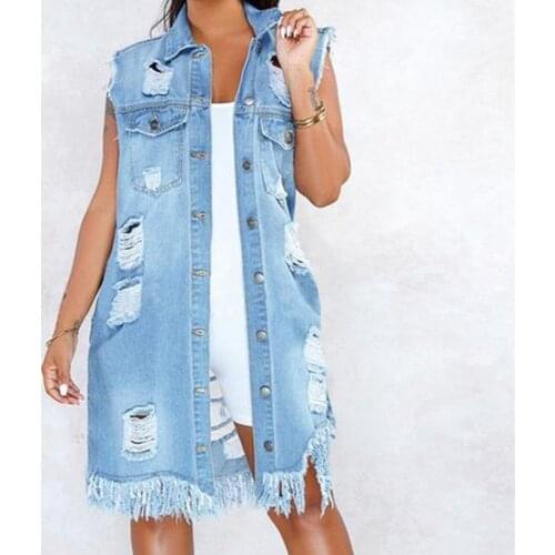 Women Summer Coat Denim Turn-Down Neck Sleeveless Single-Breasted Ripped Waistcoat with Tassels for Girls Blue
