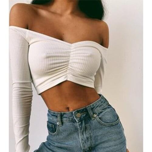 2021 Fashion Ruched Mini Womens Crop Tops Summer Sexy V Neck Long Sleeve Female T-shirts Casual Soft Cotton Hot Bandge Tees