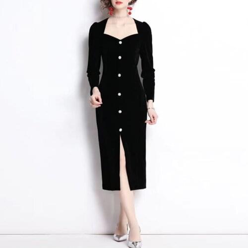IVY HE High Quality Autumn Dress Woman Clothing Black Velvet Hepburn V-Neck Slim Fit Midi Long Vintage Party Dresses Traf ZAfu