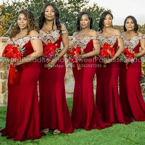 Exquisite Appliques Bridesmaid Dresses Mermaid Long Red Off Shoulder Women Fishtail Wedding Party Dress Maid Of Honor