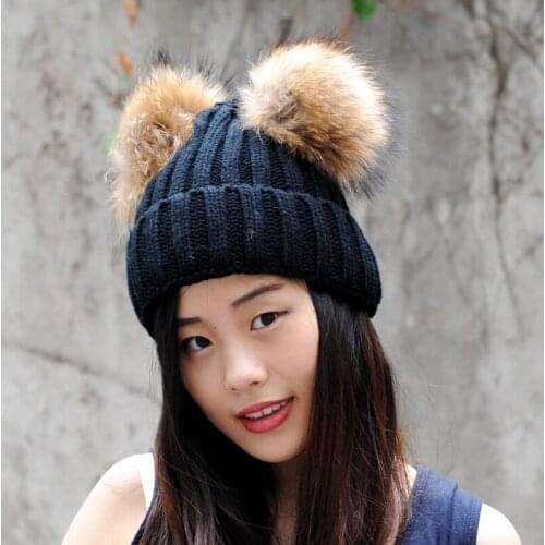 CX-C-113C Winter New Colorful Snow Caps Wool Knitted Beanie Hat With Two Raccoon Fur Pom Poms For Women Men Skullies Cap