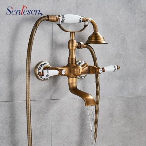 SENLESEN Modern Golden Bathroom Tub Faucet Wall Mounted Mixer Tap W/ Telephone Style Hand Shower Sprayer