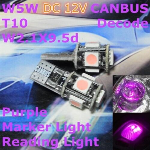 12V LED CANBUS Decode Purple Color Car Bulb Lamp T10(5*5050 SMD) W5W W2.1X9.5d for Clearance Width Light
