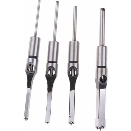 4Pcs Woodworking Square Hole Drill Bit Sets Mortising Chisel Tool Mortiser Drill Chisel Extended Saw Drill Bits 1/4" - 1/2"