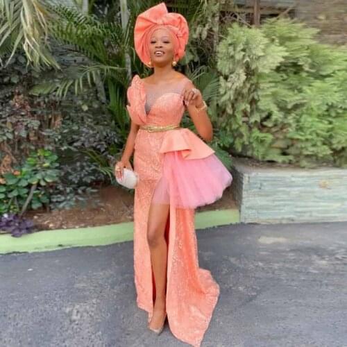 Aso Ebi Style Prom Dresses Sexy Side High Split Sheer Neck Sleeveless Evening Gowns South African Robe De Soiree Formal Wear