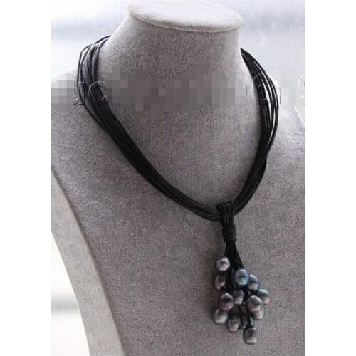 FREE SHIPPING *******Genuine 17" 15row 14mm peacock black pearls Black leather Pendant necklace e2294 (A0502)