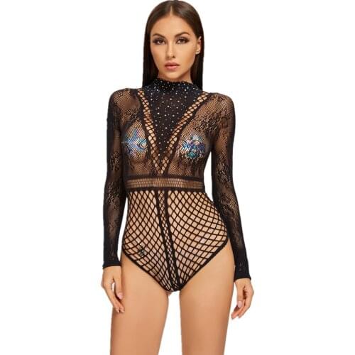 Bodysuit Women Sexy Bodysuit Erotic Diamond Hollow Out Babydoll Sexy Women Lingerie Fashion Mesh Stitching Fishnet Halter Exotic