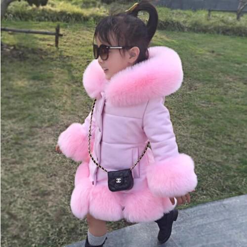 CHCDMP New Kids Girl PU Leather Patchwork Fox False Fur Collar Jacket Coat Princess Winter Thicken Child Outerwear Pink Fur Coat