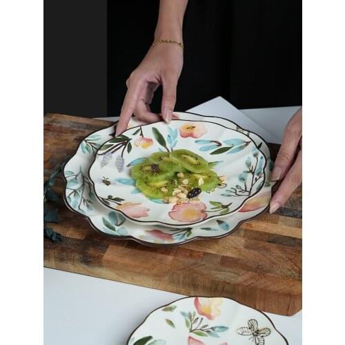 EECAMAIL Retro Hand Painted Spring Petal Shape Plate Ceramic Flat Plate Household Dinner Plate Fruit Dessert Plate Western Steak