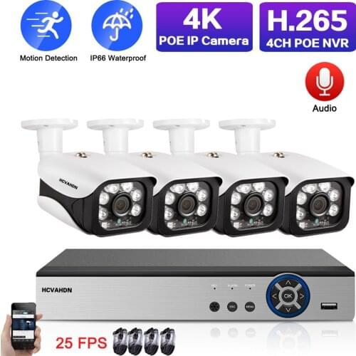 4K POE NVR Kit 4CH H.265 25 FPS POE IP Security Camera System Kit Outdoor Audio Bullet CCTV Video Surveillance Camera System Set