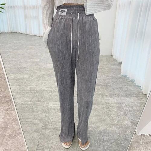 Korean Chic Summer Wild Pleated High Waist Drawstring Design Loose Letter Patch Wide Leg Casual Pants Trousers Women