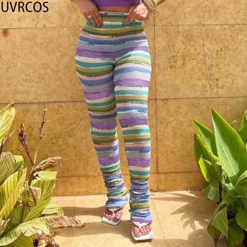 UVRCOS Y2k Fashion Trousers Biker Style Knitted Hipster Slim Color Blocking Elasticity High Weist Simple Casual Streetwear Pants