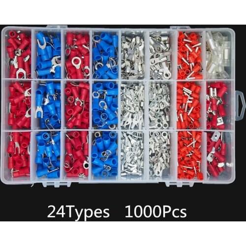 1000Pcs 24Types Insulated Crimp Terminals Set Electrical Cable Wire Cord Pin End Connectors Spade Fork Ring Assortment Kit