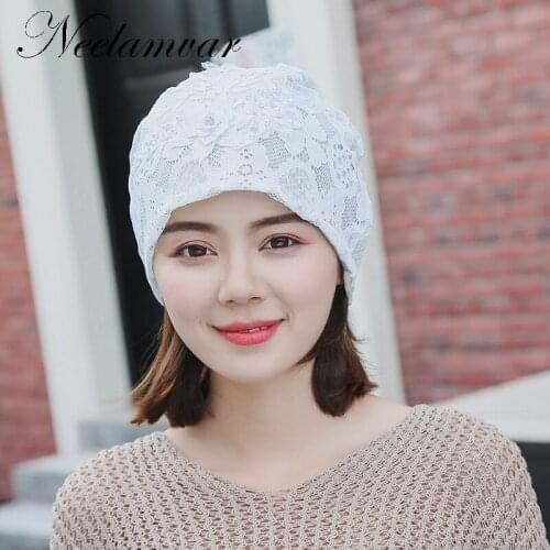 New Fashion Beanie Hat lace Pearl Rhinestone Flower Skullies Beanies Women Autumn Winter Female Bonnet Cap Chapeu Feminino