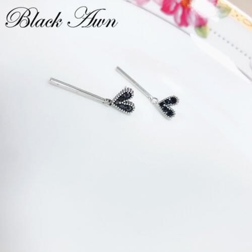 New Romancit 925 Sterling Silver Jewelry Engagement Heart Drop Earrings For Women Black Spinel Female Earring Gift T232