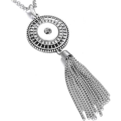 New Bohemia Ethnic Snap Button Necklace Silver Long Tassel Snap Pendant Necklace with Chains 18mm Snap Buttons Jewelry