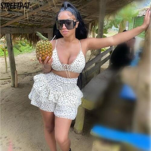 Dot Print Sexy Two Piece Set Women Summer Beach Bikini Suit Halter Crop Top Ruffle Shorts Skirts Swimsuit Festival Outfits