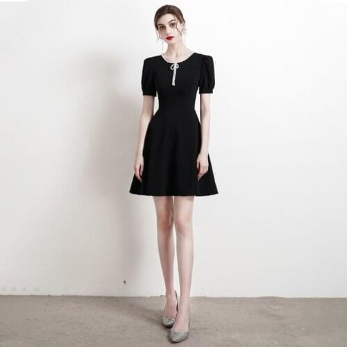 Bridesmaids Dresses Vintage O-Neck Short Pearls Fashion Knee-Length A-Line Luxury Black Elegant Women Wedding Party Gown E740