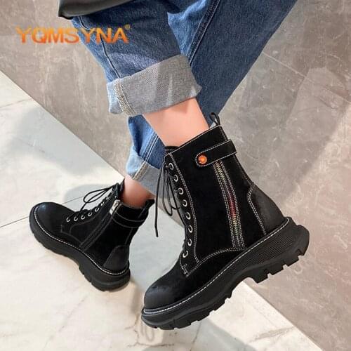 YQMSYNA Casual Ankle Boots Comfortable Thick Bottom Flat With Round Toe Multicolor Zipper Boots Sewing Lace-up Lady Shoes AS327